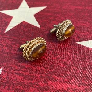 Vintage cuff links gold tone tiger eye brown cufflinks